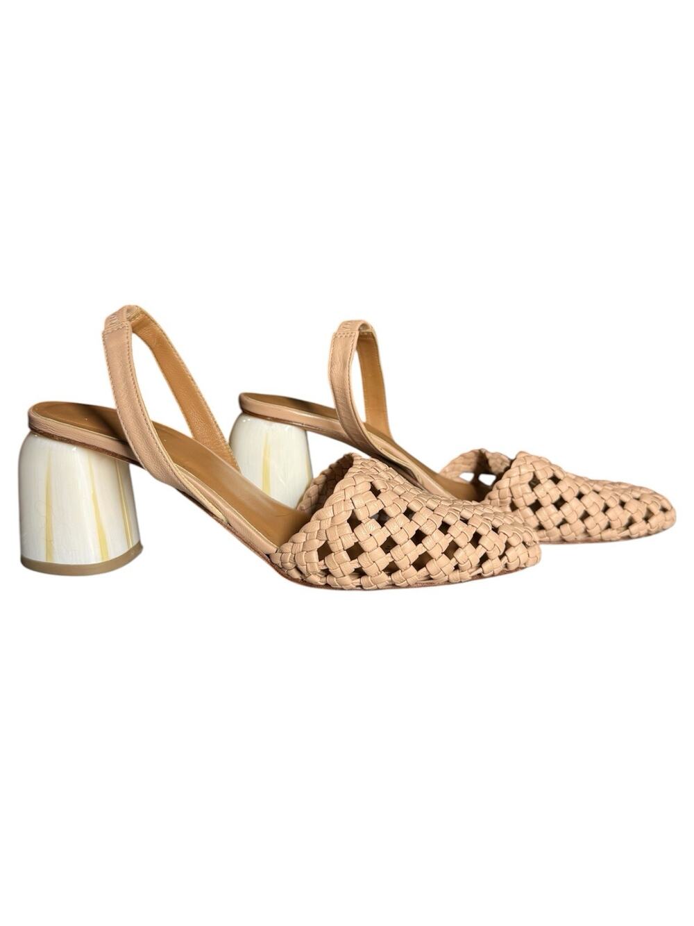 LoQ Beige Leather Woven Slingback Nina Sandals Heels 37 / US 6.5 $485